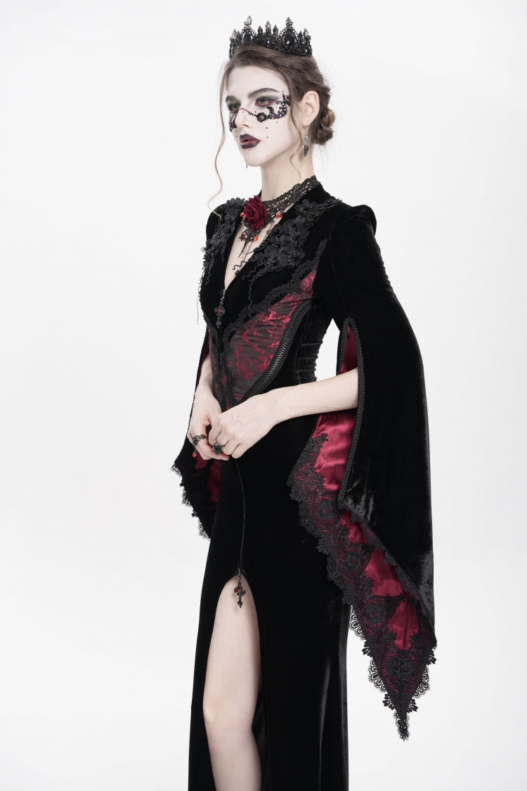 Black/Red V Collar Long Trumpet Sleeves Floral Embroidered Velvet Women's Gothic Dress - Product - 12