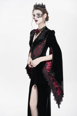 Black/Red V Collar Long Trumpet Sleeves Floral Embroidered Velvet Women's Gothic Dress - Product - 12