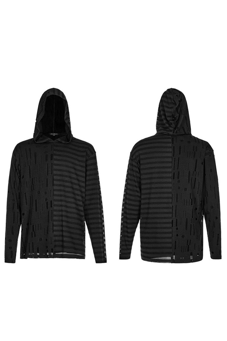 Black Punk Personality Left-Right Asymmetrical Knitted Stitching Casual Hooded Men's T-Shirt - Product - 5