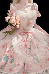 Pink [Tulip's Letter] Off Shoulder Short Sleeves Print Ruffle Bowknot Lace Sweet Elegant Lolita Dress - Product - 4