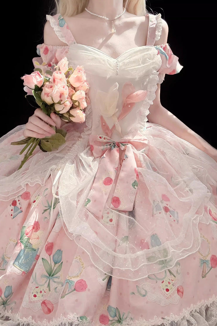 Pink [Tulip's Letter] Off Shoulder Short Sleeves Print Ruffle Bowknot Lace Sweet Elegant Lolita Dress - Product - 4