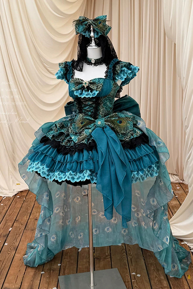 Blue/Green [Peacock Spirit Princess] Sleeveless Multi-Layered Ruffled Bow Lace-Up Classic Elegant Lolita Jsk Dress - Product - 2