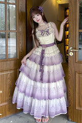 Purple [Lilac Thoughts] Sleeveless Gradient Multi-Layered Print Ruffle Bowknot Lace Sweet Lolita Dress Set - Product - 5