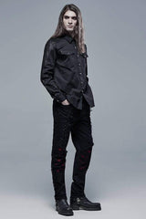Black Punk Ribbon Decoration Front Metal Skull Button Spliced Men's Shirt - Product - 4