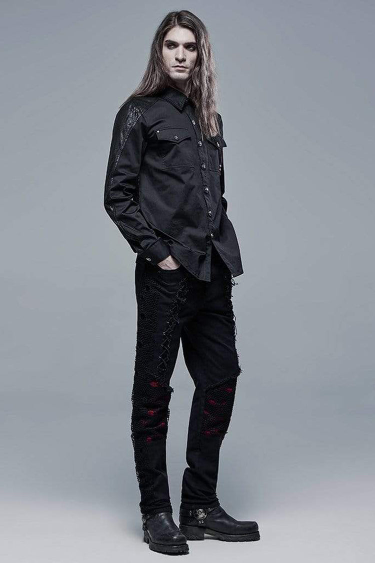 Black Punk Ribbon Decoration Front Metal Skull Button Spliced Men's Shirt - Product - 4