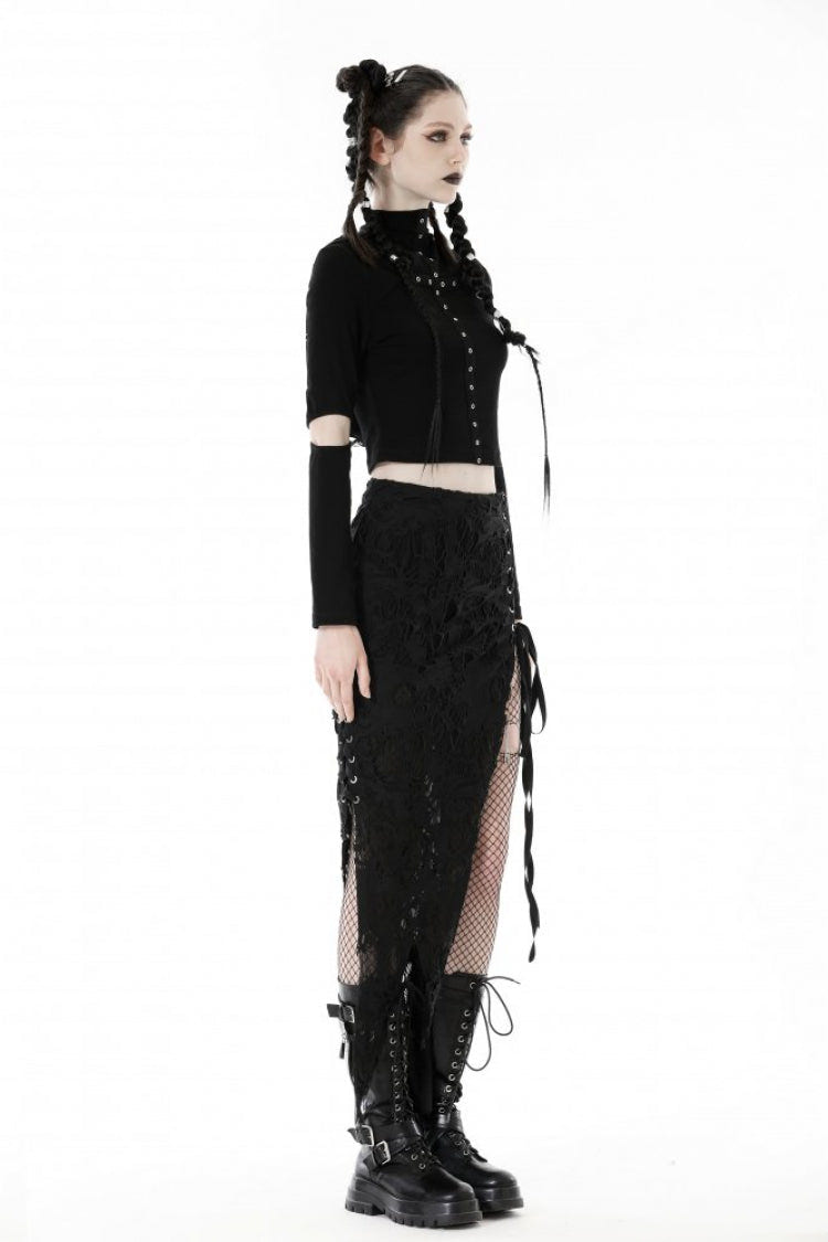 Black Metal Cross Eyelet Long Sleeves Cut-Out Women's Punk Crop Top with Ripped Hood - Product - 2