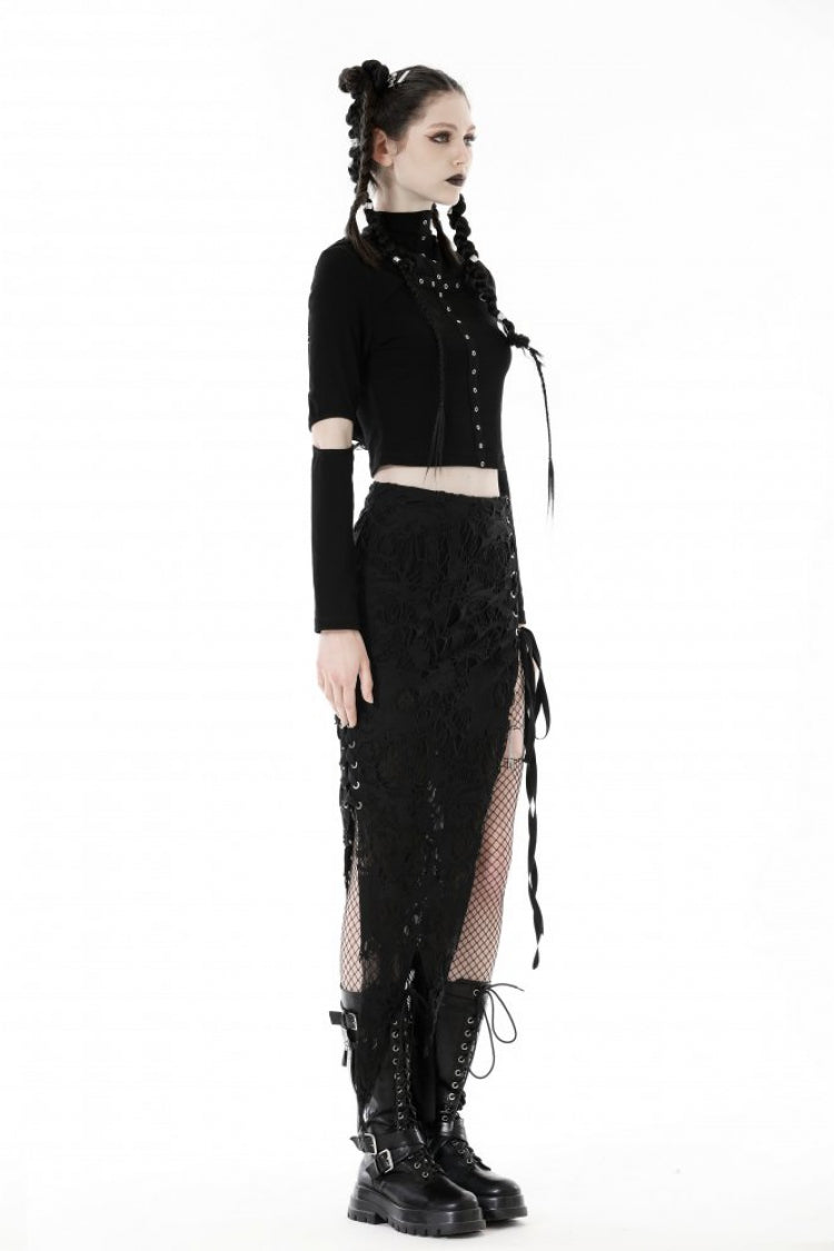 Black Metal Cross Eyelet Long Sleeves Cut-Out Women's Punk Crop Top with Ripped Hood - Product - 2
