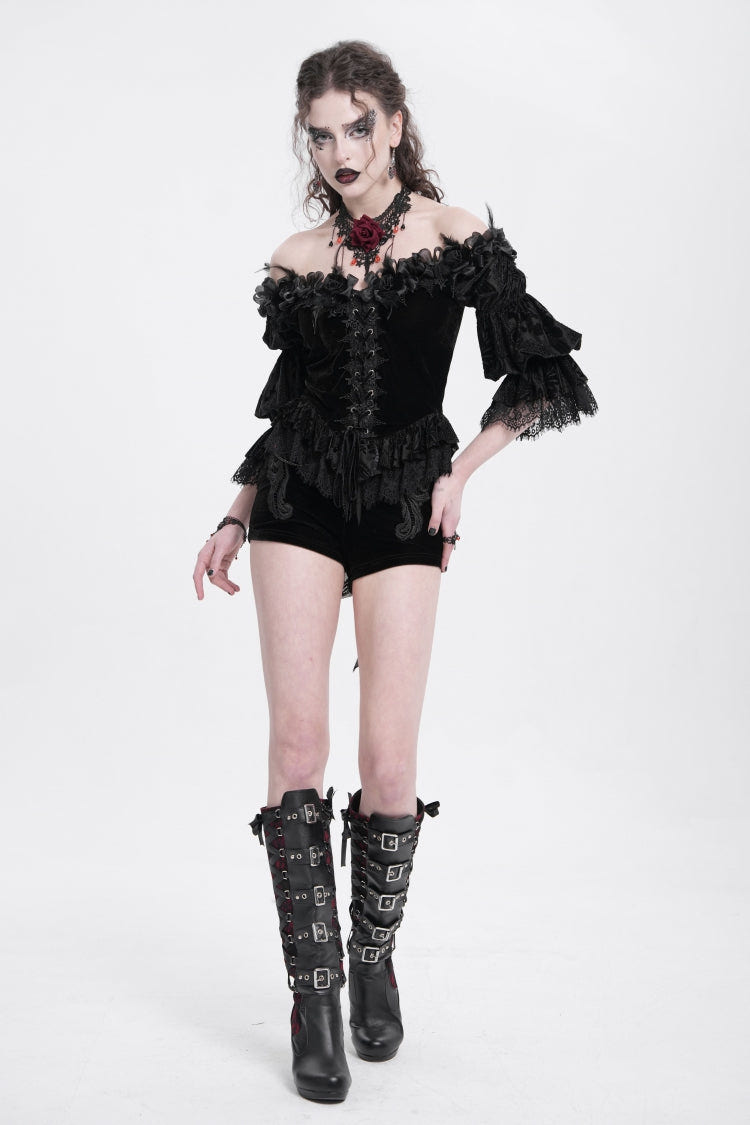 Black Off Shoulder Long Sleeves Ruffle Embroidery Lace-Up Women's Gothic Blouse - Product - 7