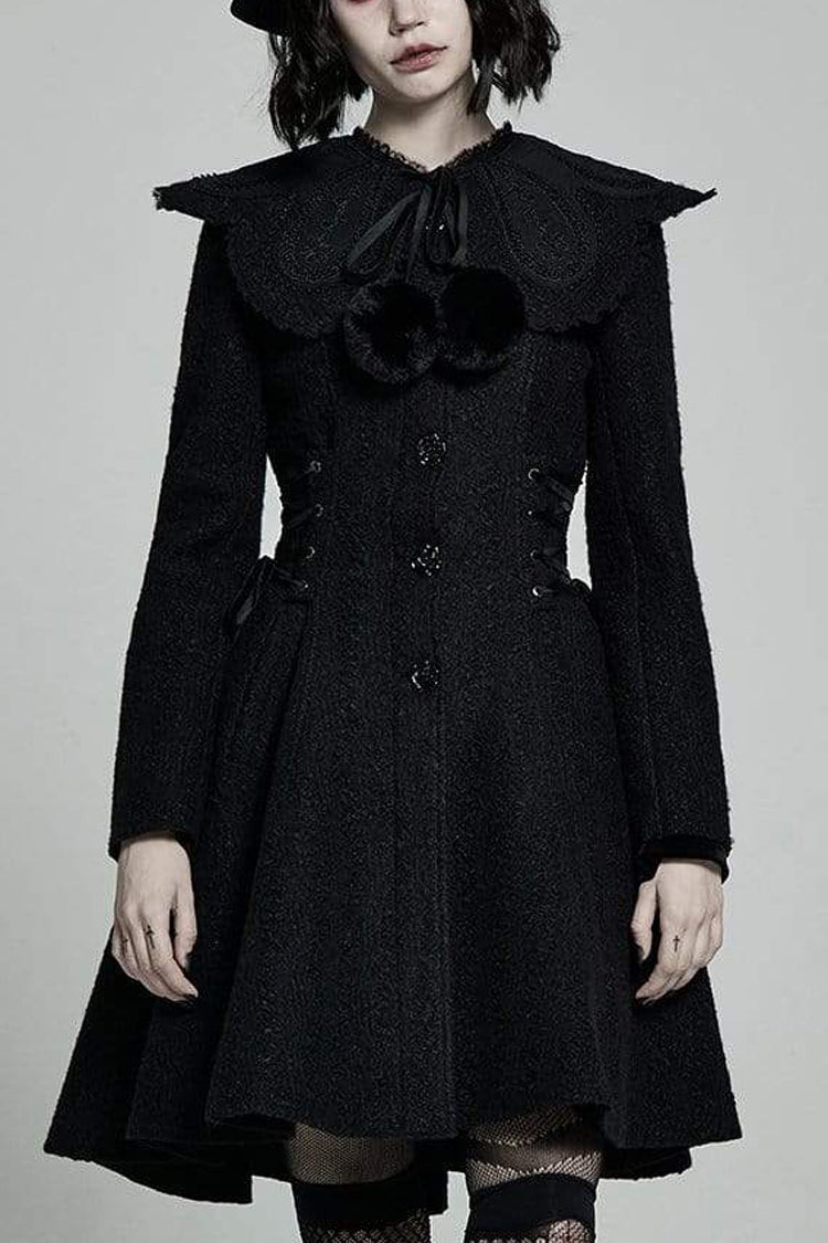 Black Fur Collar Fur Ball Decoration Long Sleeves Rose Button Womens Gothic Coat With Removable Collar - Black - 1