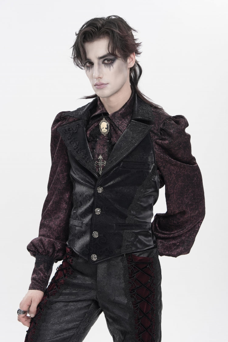 Black Lapel Collar Jacquard Lace Slim Men's Gothic Vest - Product - 9