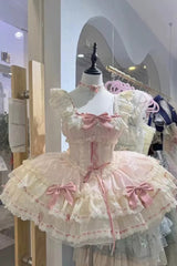 Pink [Flory Butterfly] Double-Layered Ruffle Bowknot Lace Lace-Up Sweet Ballet Lolita Jsk Dress - Product - 4