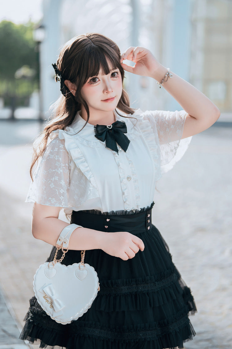 Black/White [Snow Velvet Bunny] Short Sleeves Double-Layered Ruffled Bow Lace Plus Size Japanese Sailor Collar Two-piece Set - Product - 3