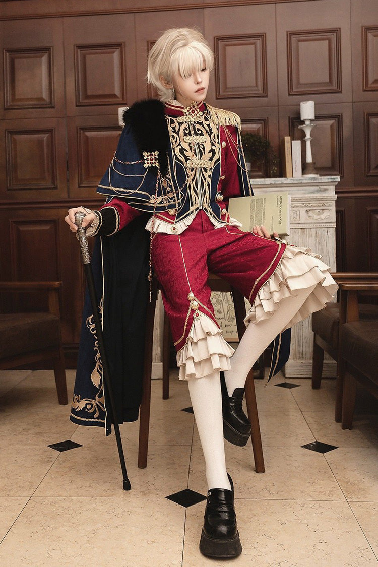 Red/Blue [Royal Glory] Stand Collar Long Sleeves Ruffled Embroidered Gothic Vintage Prince Palace Ouji Lolita Set - Product - 12