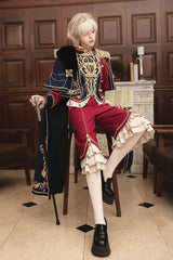 Red/Blue [Royal Glory] Stand Collar Long Sleeves Ruffled Embroidered Gothic Vintage Prince Palace Ouji Lolita Set - Product - 12