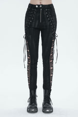 Black Stretch Twill Paneled Mesh Perforated Women's Punk Trousers - Black - 1