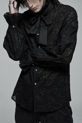 Black Gothic Long Sleeve Mesh Texture Fabric Lace Pleated Ruffle Tie Design Men's Shirt - Black - 1