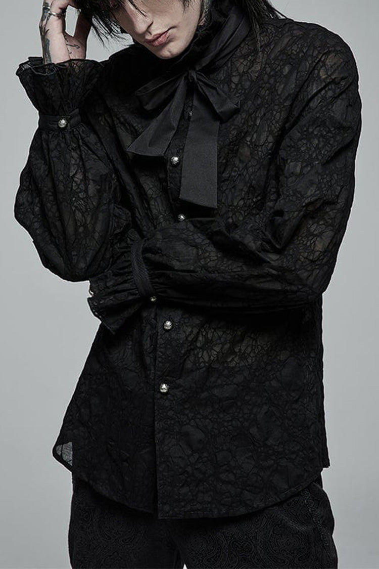 Black Gothic Long Sleeve Mesh Texture Fabric Lace Pleated Ruffle Tie Design Men's Shirt - Black - 1