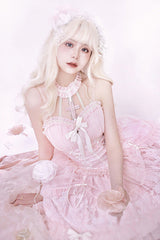 Pink Tube Top Sleeveless Blowknot Ruffled Sweet Lolita Tiered Dress - Product - 8