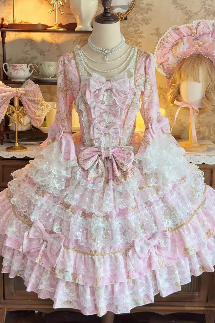 ピンク スイートロリータワンピース｜フレアスリーブ、多層デザイン、フリル、リボン、レース – 記載アイテムのみ 商品画像