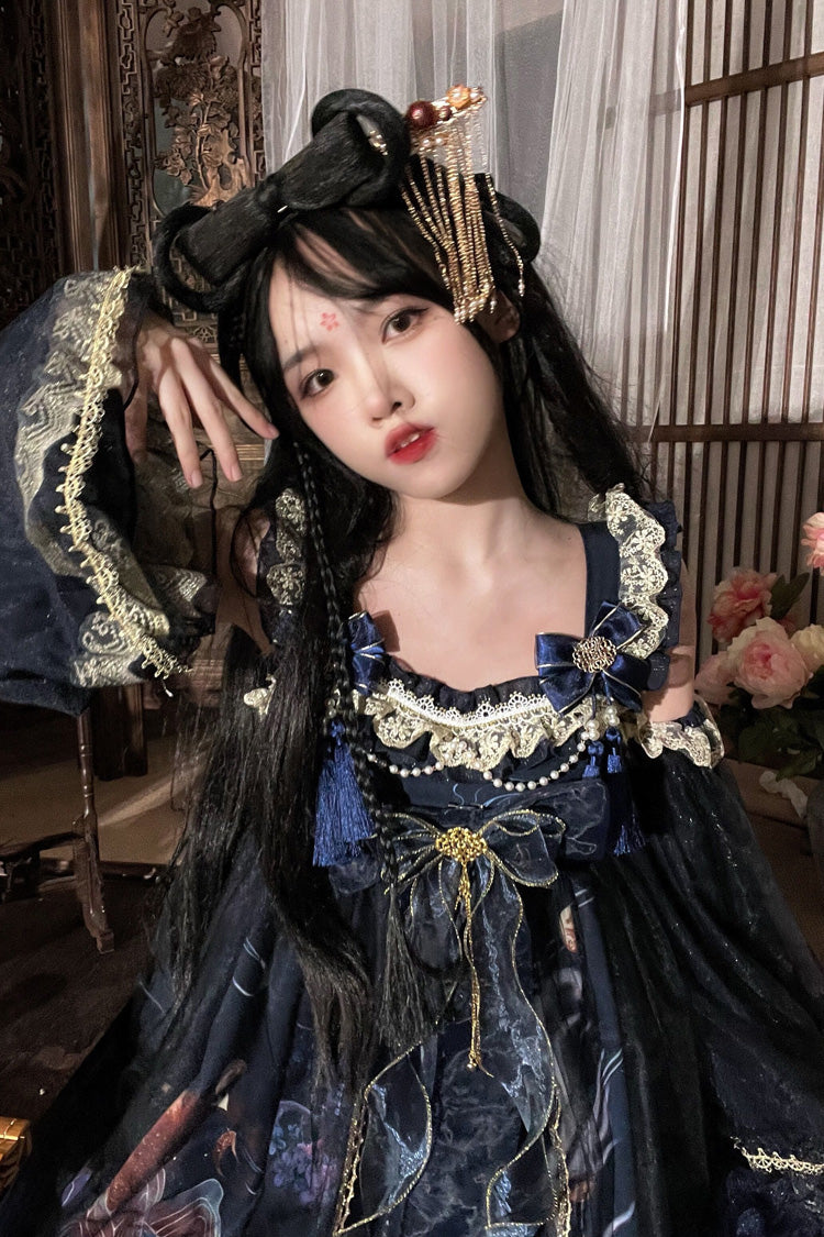 [Nine-tailed fox] Print Ruffle Bowknot Classic Chinese Style Princess Lolita Jsk Dress 2 Colors - Product - 9