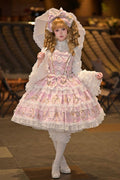 Pink Candelabrum Elegy Sleeveless Triple-Layered Flower Wall Printed Ruffled Bow Lace Sweet (Dress Only) front view