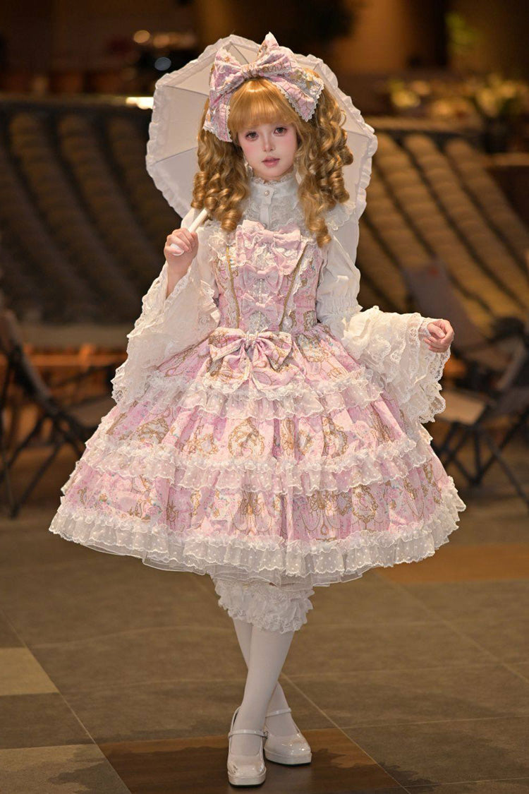 Pink [Candelabrum Elegy] Sleeveless Triple-Layered Flower Wall Printed Ruffled Bow Lace Sweet Lolita Jsk Dress - Pink - 1