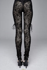 Black Flocking Printing Sexy Elastic Waistband Mesh Gothic Womens Pants - Product - 5