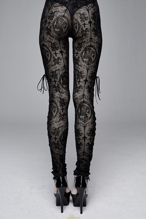 Black Flocking Printing Sexy Elastic Waistband Mesh Gothic Womens Pants - Product - 5
