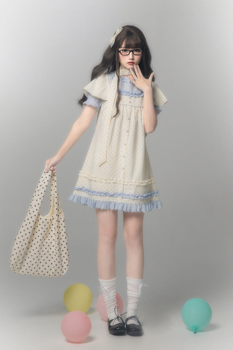 Aqua [Polka Dot Bouclé] Round Collar Long Sleeves Printed Ruffled Faux Two-Piece Sweet Japanese Lolita Dress - Product - 8