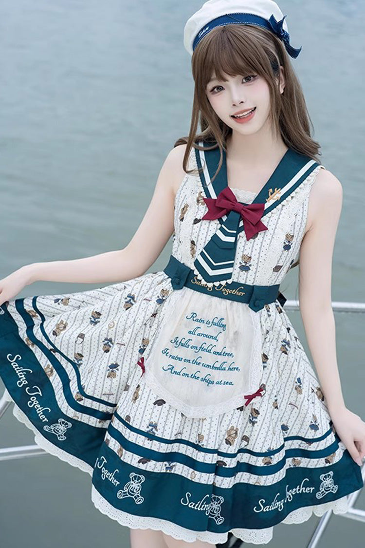 Blue/White Bear Print Navy Ruffle Bowknot Sweet Princess Lolita Jsk Dress - Blue/White - 1