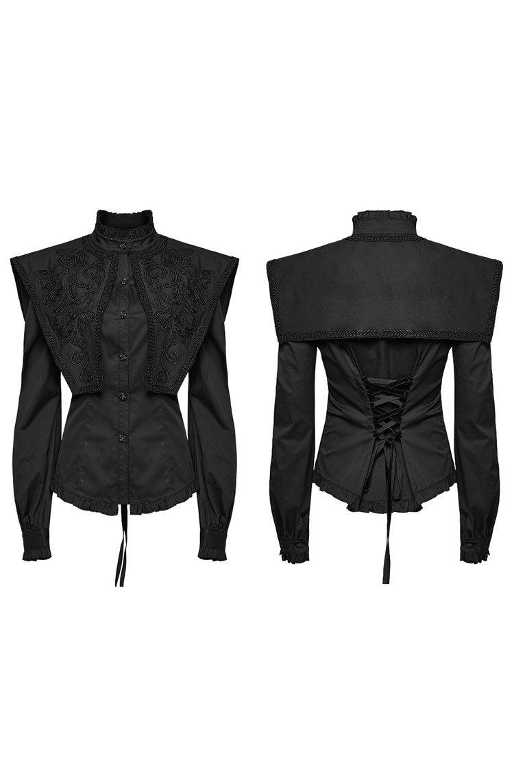 Black Stand Collar Ruffle Lace-Up Women's Gothic Blouse - Product - 5