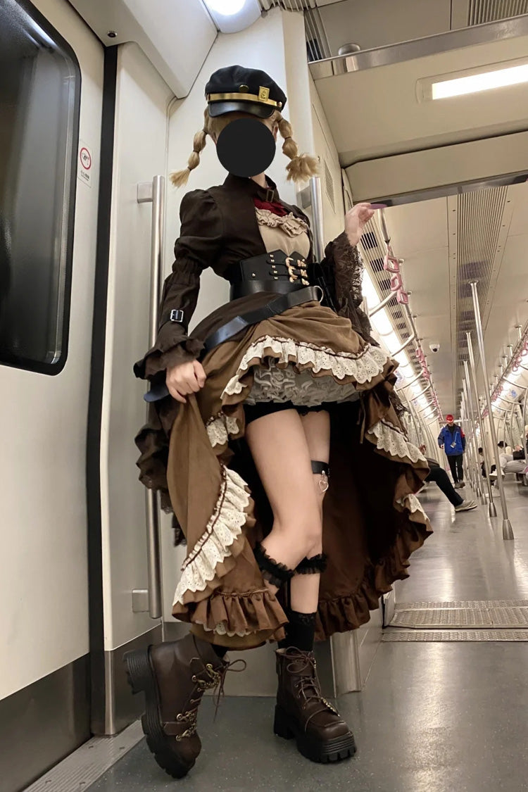 Brown Ruffle Irregular Handsome Punk Lolita Dress Set - Product - 4