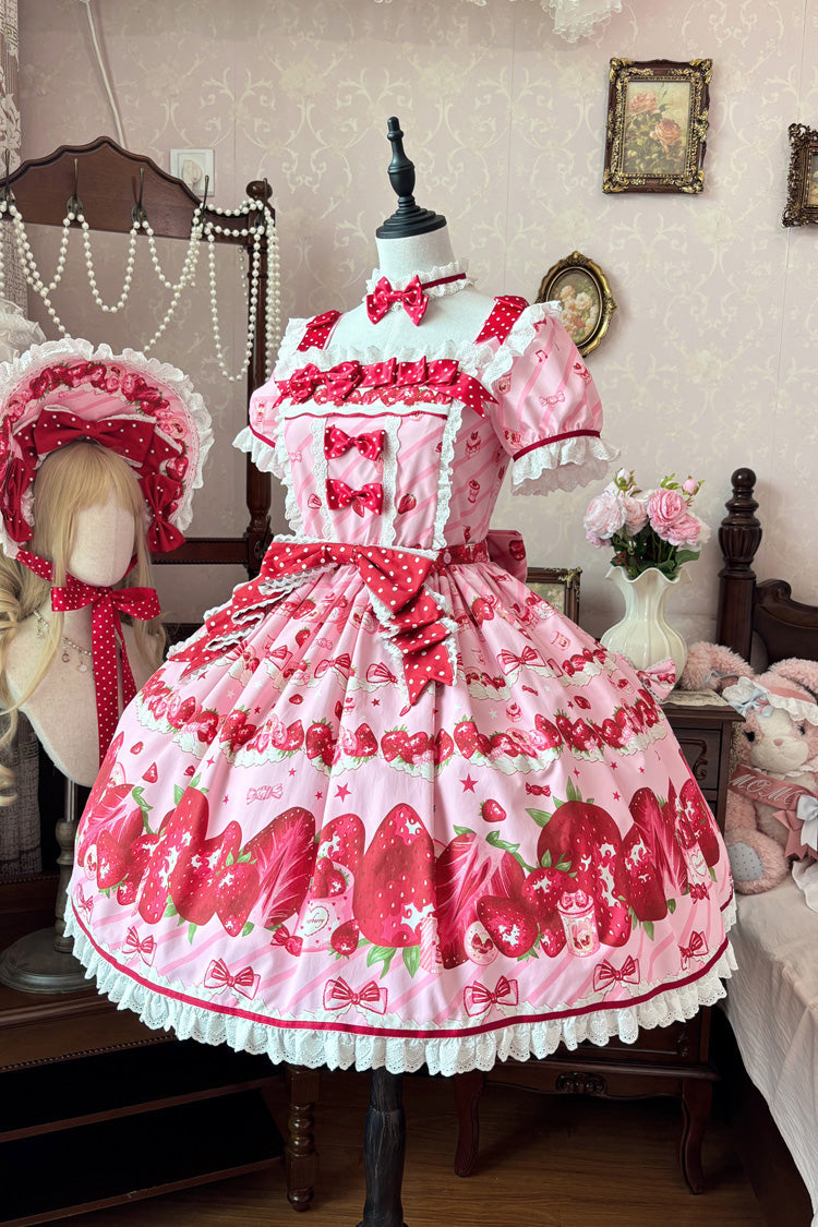 Pink [Strawberry Gift Box] Short Sleeves Print Ruffle Bowknot Lace Sweet Lolita Dress - Product - 6