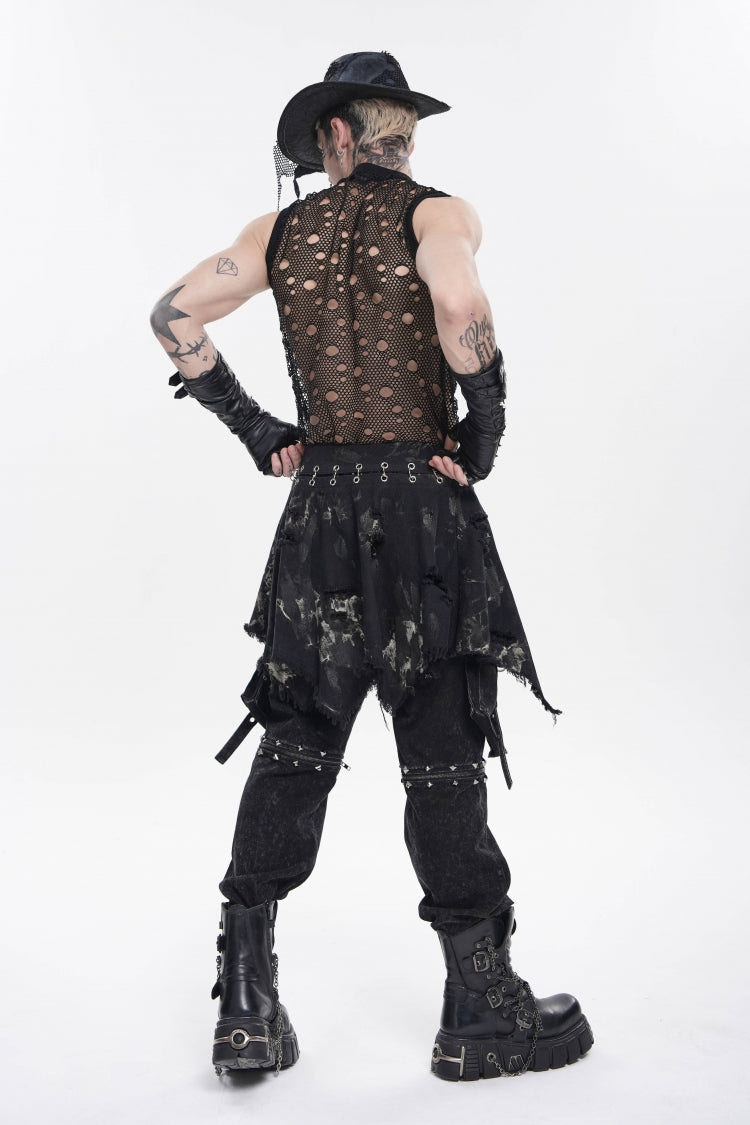 Black Irregular Ripped Buckled Pleated Chain-Decorated Men's Punk Skirt - Product - 7
