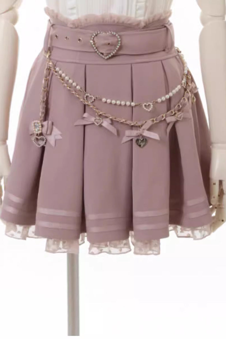 Sweet Heart Belt Printed Ruffled Bow Pearl-Decorated Chain-Decorated Plus Size Pleated Jirai Kei Skirt - Product - 3