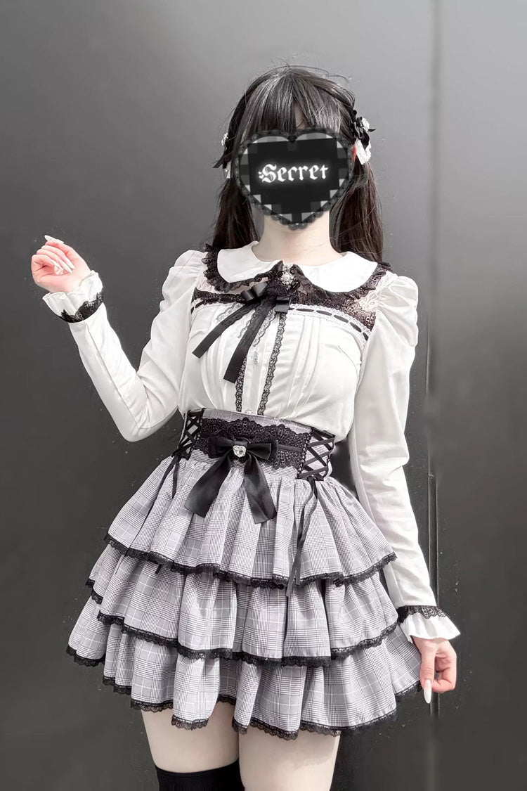 Jirai Kei Doll Collar Long Sleeves Triple-Layered Ruffled Bow Lace Japanese Skirt Blouse Set 2 Colors - Product - 6