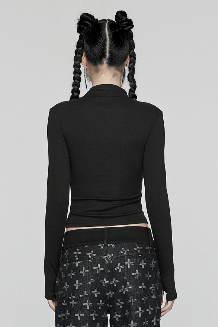 Black Long Sleeves Stitching Lace-Up Mesh Women's Punk Blouse - Product - 3