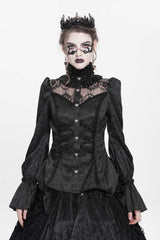 Black Stand Collar Long Sleeves Jacquard Hollow Lace Women's Gothic Blouse - Black - 1