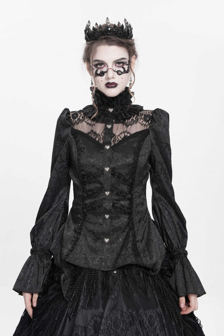 Black Stand Collar Long Sleeves Jacquard Hollow Lace Women's Gothic Blouse - Black - 1