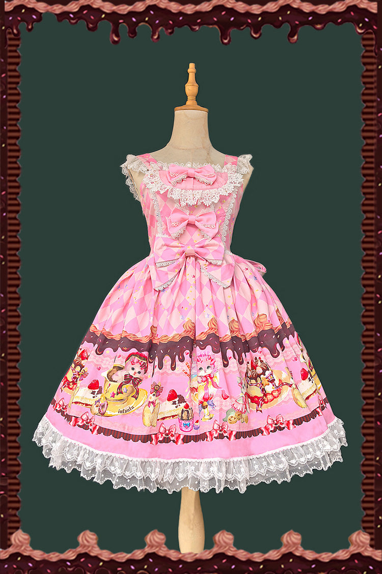 [Cream Meow] Sleeveless Print Bowknot Lace Sweet Lolita Jsk Dress 3 Colors - Product - 4