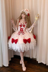 Red/Pink [Flower Dream Isle] Square Collar Multi-Layered Ruffled Bow Lace Sweet Lolita Jsk Dress - Product - 5