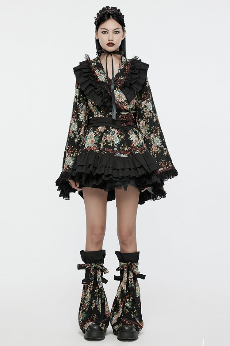 ブラック 長袖 花柄 フリル レディース ゴシックロリータ Kimono ワンピースセット 商品画像