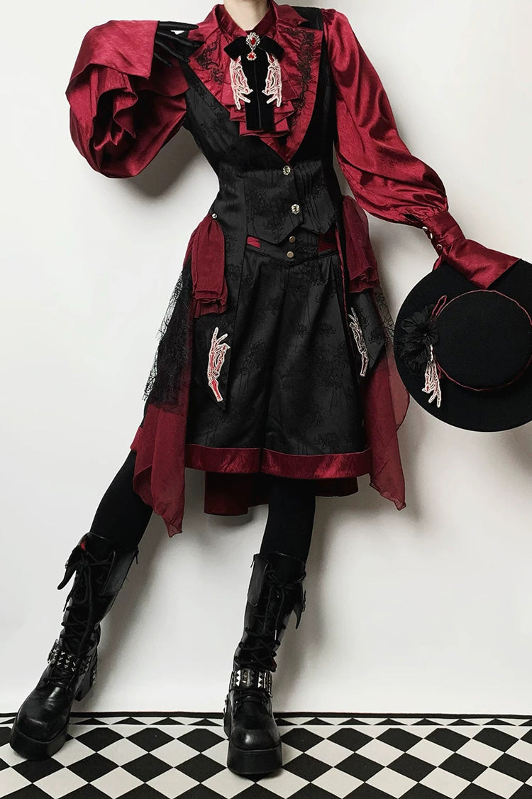 Black/Red [Moonlit Return] Jacquard Printed Lace-Up Gothic Elegant Ouji Lolita (Blouse/Pants/Shorts/Vest) - Product - 4