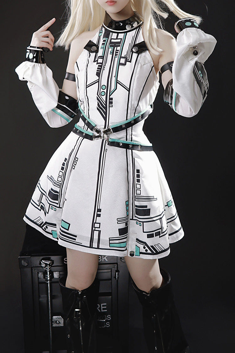 White [Mecha Battle Maiden] Stand Collar Print Futuristic Style Sweet Handsome Lolita Dress - Product - 3