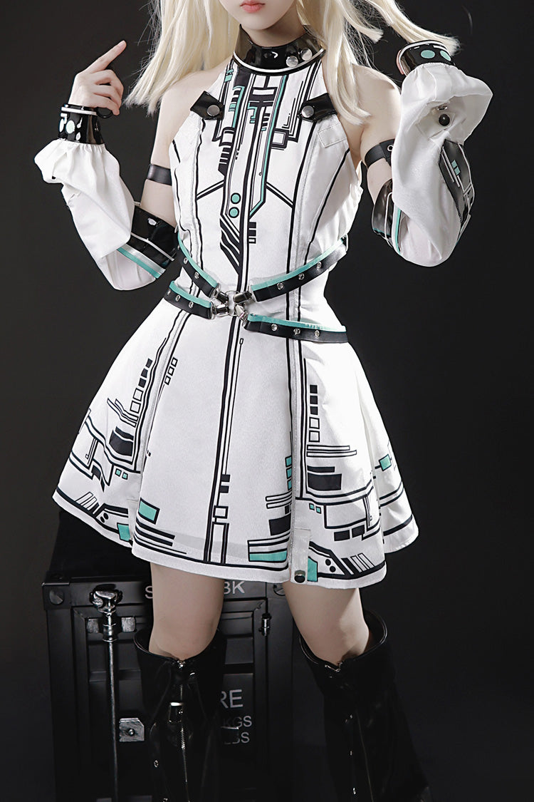 White [Mecha Battle Maiden] Stand Collar Print Futuristic Style Sweet Handsome Lolita Dress - Product - 3