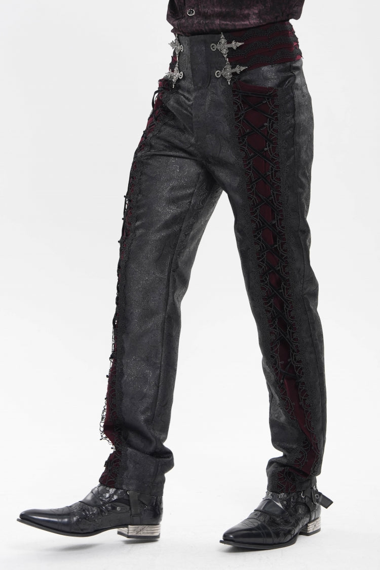 Black/Red Jacquard Spliced Lace-Up Slim Men's Gothic Velvet Palace Pants - Product - 7