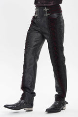 Black/Red Jacquard Spliced Lace-Up Slim Men's Gothic Velvet Palace Pants - Product - 7