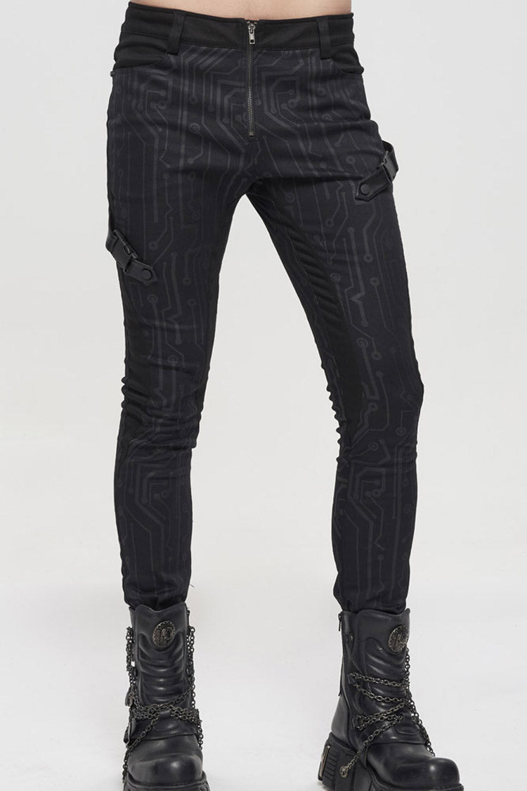 Black Punk Casual Circuit Diagram Print Asymmetric Decoration Men's Long Pants - Black - 1