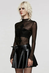 Black Long Sleeves Cross Print Slim Sheer Womens Gothic T-Shirt - Product - 2