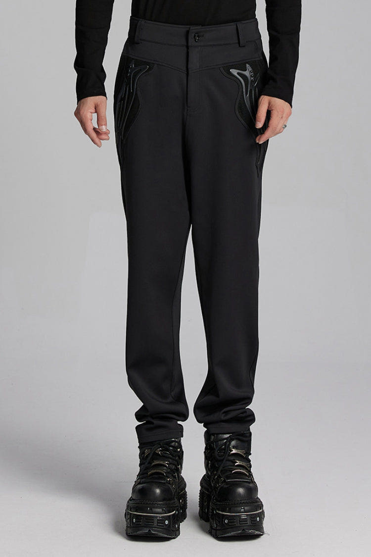 Black Leather Trim Stitching Rivet Men's Punk Pants - Black - 1